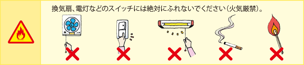 換気扇､電灯などのスイッチには絶対にふれないでください（火気厳禁）｡