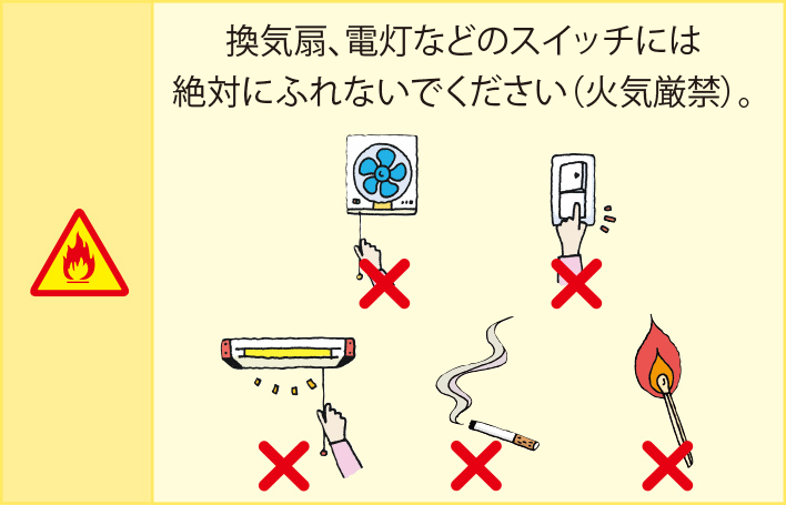 換気扇､電灯などのスイッチには絶対にふれないでください（火気厳禁）｡