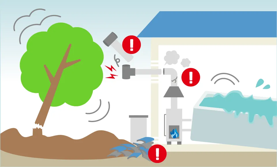 がふさがっていませんか？<br>排気口（煙突）のつまり、ハズレ、穴あきはありませんか？