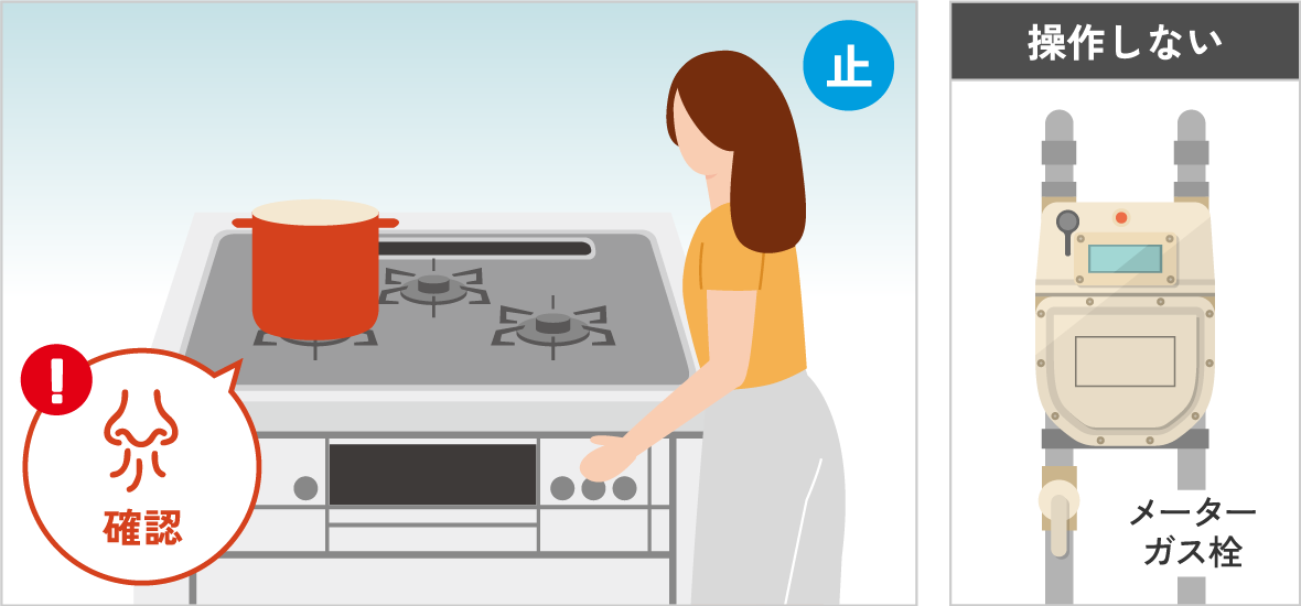 ガス機器を止めて臭いを確認。メーターは触らない